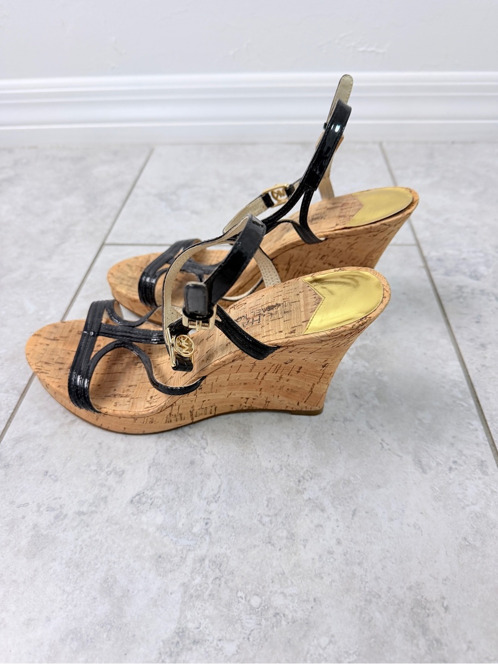 Michael Kors Black Patent Leather Cork Wedge Sandals with Gold Accents 7.5